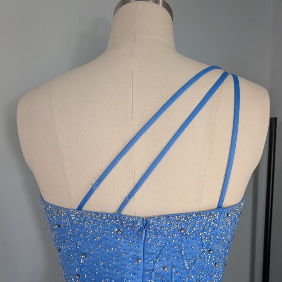 Vintage Prom Dress Maxi Gown 10 Blue Y2K Bead Tulle Shoulder Ball Cinderella - Picture 3 of 16
